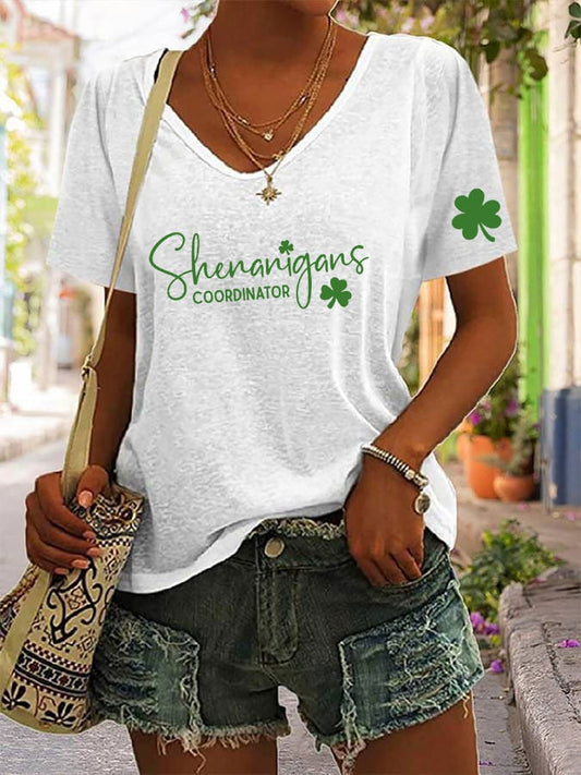 Women's St. Patrick's Day "Shenanigans Coordinator" Printed V-Neck T-Shirt