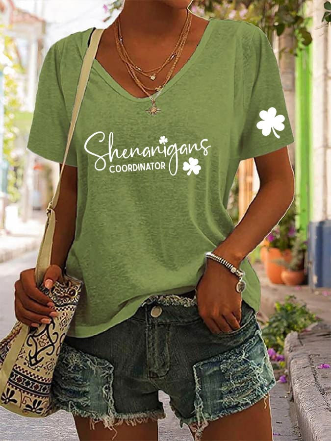 Women's St. Patrick's Day "Shenanigans Coordinator" Printed V-Neck T-Shirt