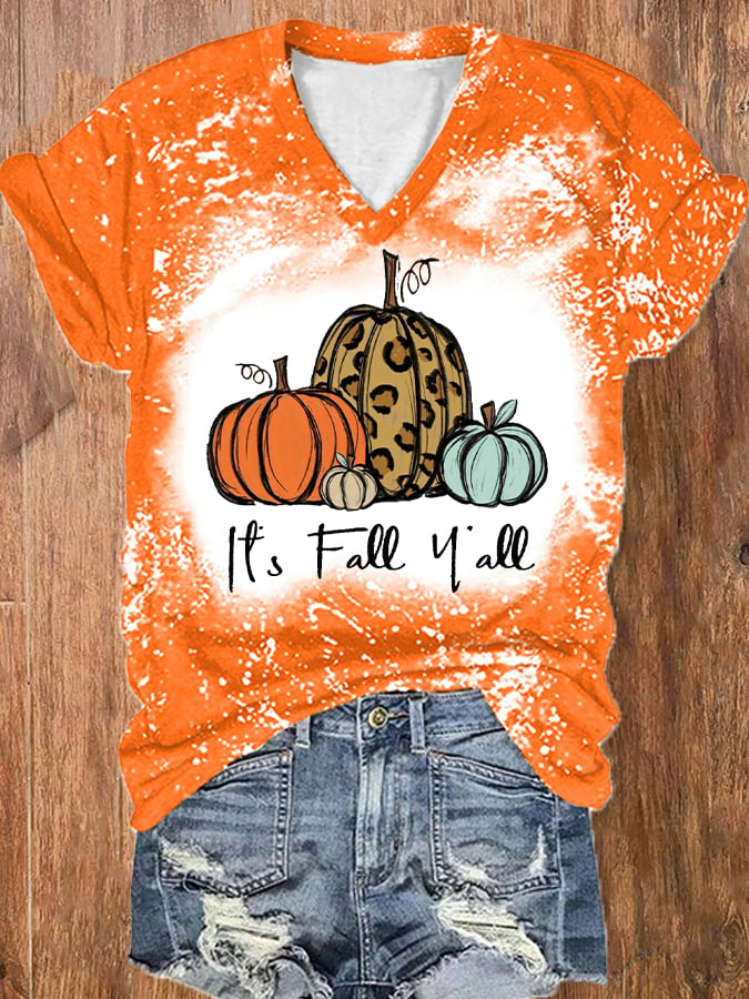 Women's Halloween It's Fall Y'all Pumpkin Print V-Neck T-Shirt