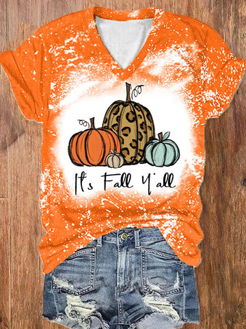 Women's Halloween It's Fall Y'all Pumpkin Print V-Neck T-Shirt