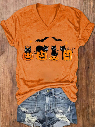 Women's Black Cat on Pumpkins T-Shirt