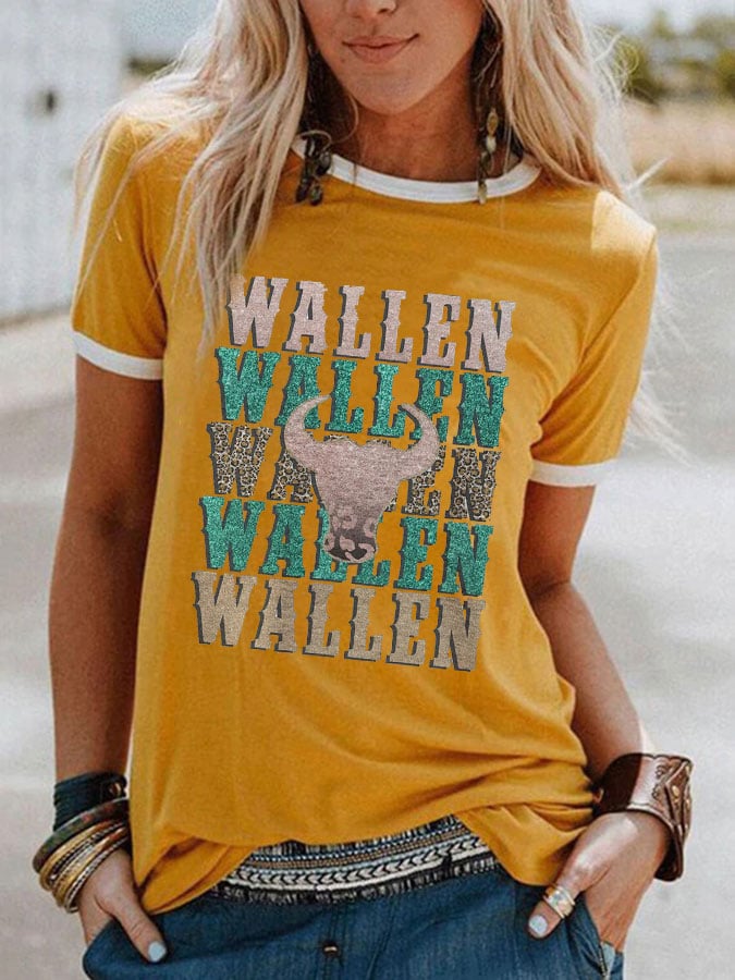 Women's Leopard Glitter Bull Skull WALLEN Print T-Shirt