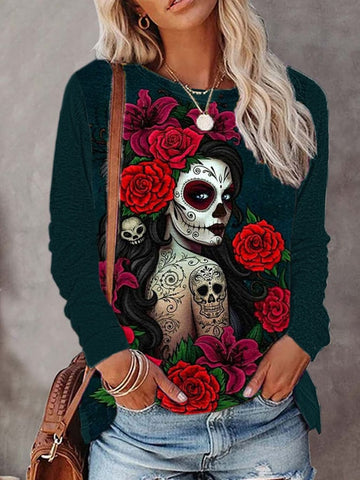 Women's Art Rose Skull Print Long-Sleeved T-Shirt