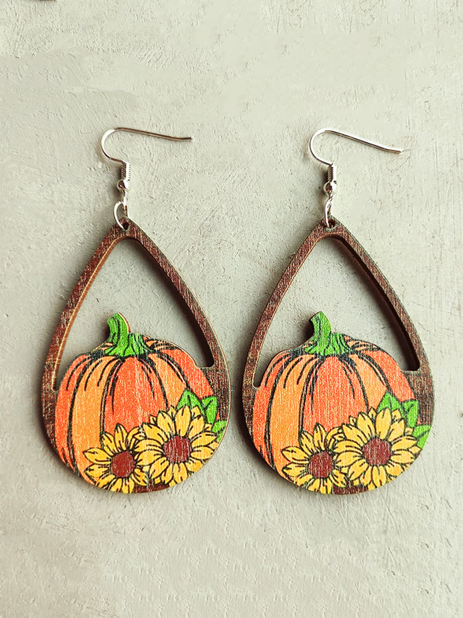 Women's Thanksgiving Pumpkin Ear Maple Coffee Cup Hollow Wood Earrings