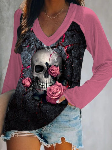 Women's Rose Skull Print Casual V-Neck Long-Sleeve T-Shirt