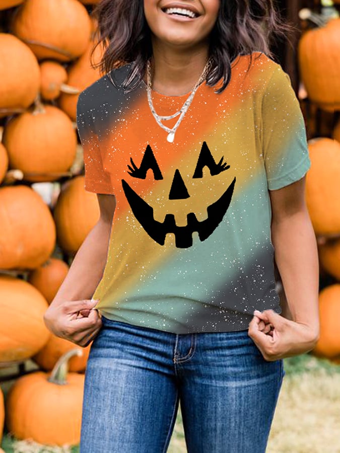 Women's Colorful Ombre Pumpkin Face Print Casual Tee