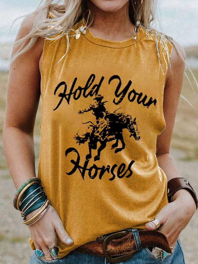 Women's Retro Hold Your Horses Western CowBoys Print Tank Top