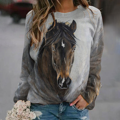 Western Horse Print Crew Neck Long Sleeve Casual Sweatshirt