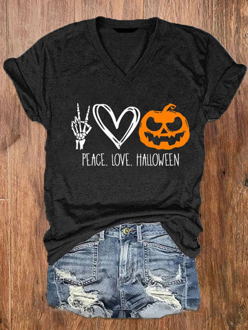 Women's Peace Love Halloween Pumpkin Heart Skull Halloween Print T-Shirt