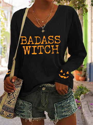 Women's Funny Badass Witch Pumpkin Face Long-Sleeve T-Shirt