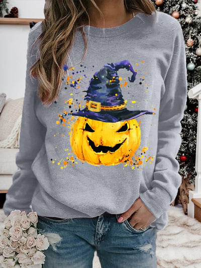 Women's Halloween Pumpkin Wizard Hat Oil Painting Long Sleeve Top