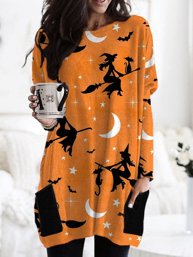 Women's Halloween Witch Print Pocket Long T-Shirt