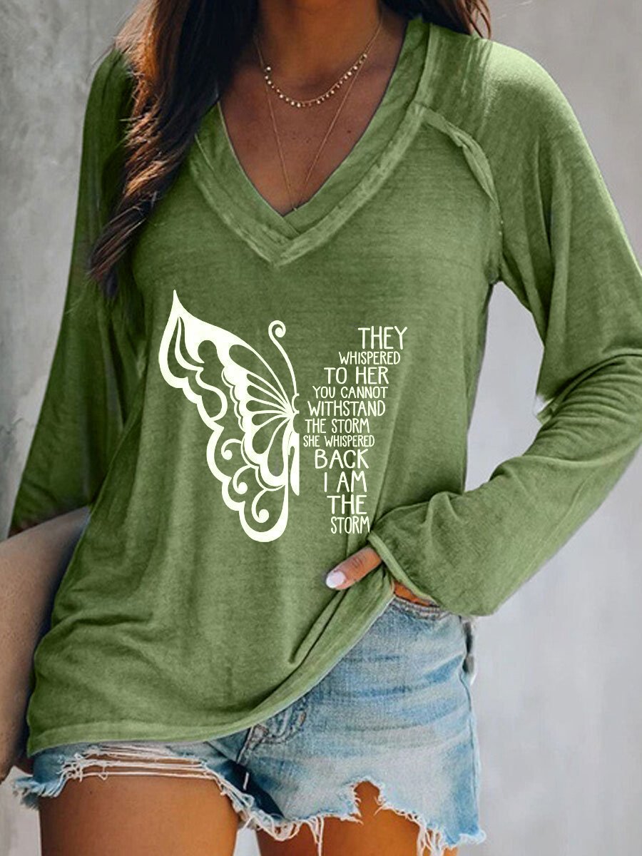 Women's They Whispered To Her You Cannot Withstand The Storm She Whispered Back I Am The Storm Butterfly Print Tee Shirt