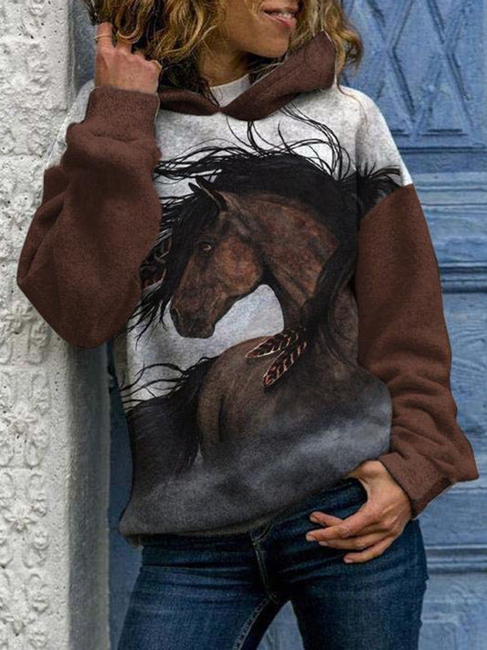 Vintage Horse Print Long Sleeve Hoodie