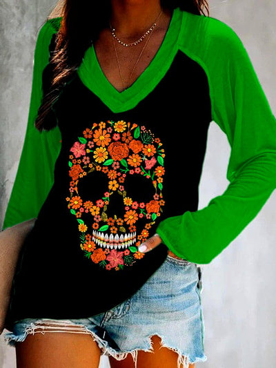 Women's Art Undead Skull Print Double Layer V-Neck Long Sleeve T-Shirt