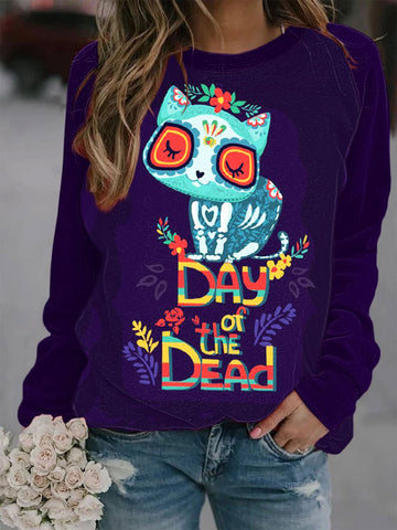 Women's Art Undead Skull Cat Print Sweatshirt