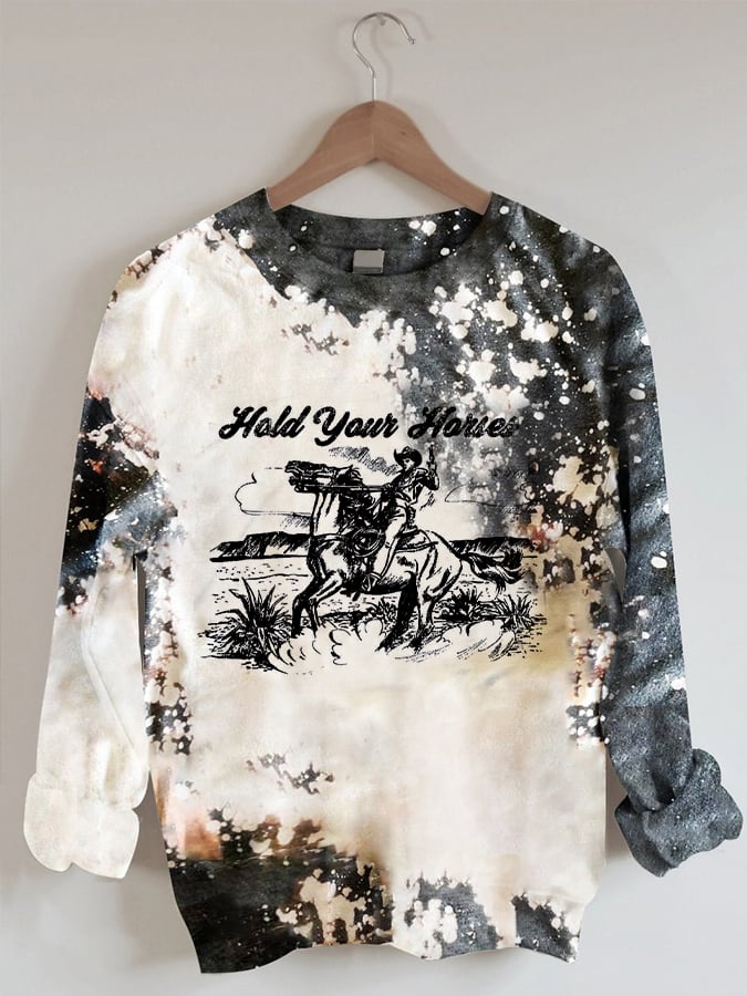 Women's Retro Hold Your Horses Western CowBoys Tie Dye Print Sweatshirt