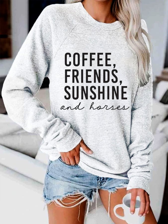 Women's  Coffee Friends Sunshine & Horses Print Casual Sweatshirt