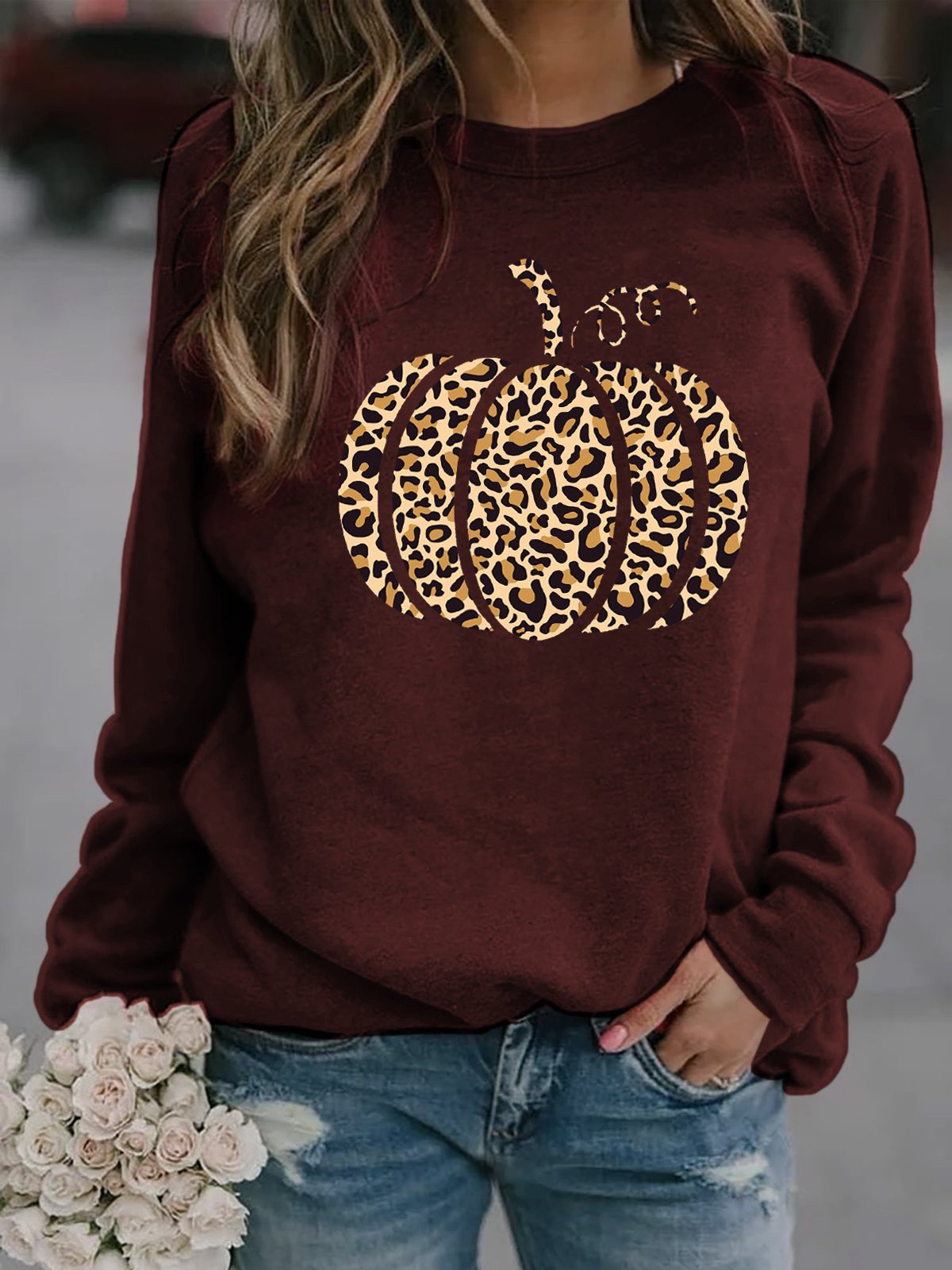 Women's Leopard Pumpkin Print Casual Sweatshirt