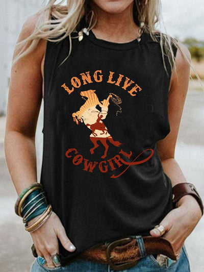 Women's Long Live Cowgirls Printed Sleeveless T-Shirt