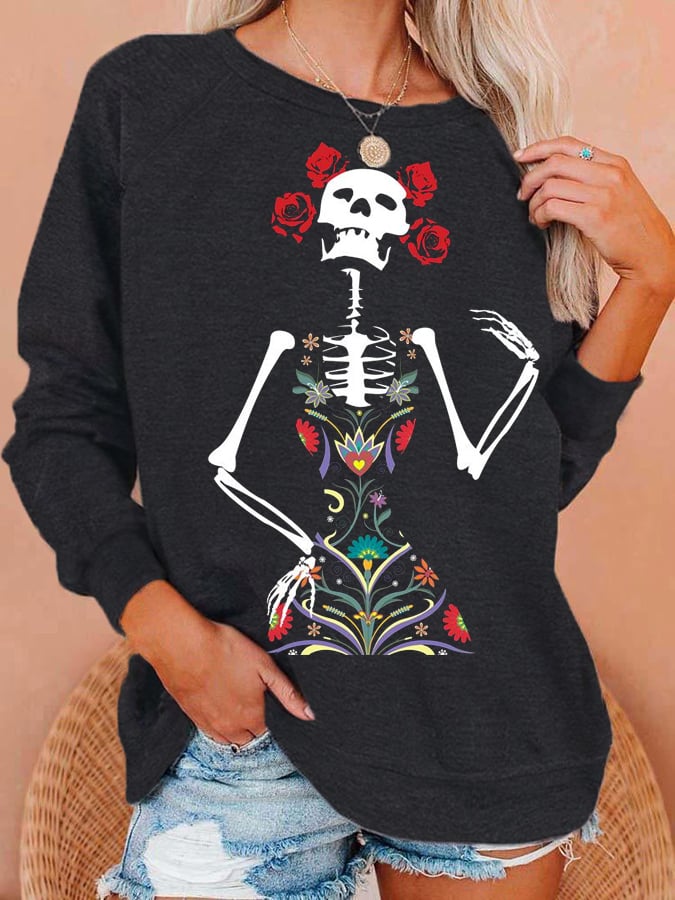 Women's Flower Skull Print Casual Sweatshirt