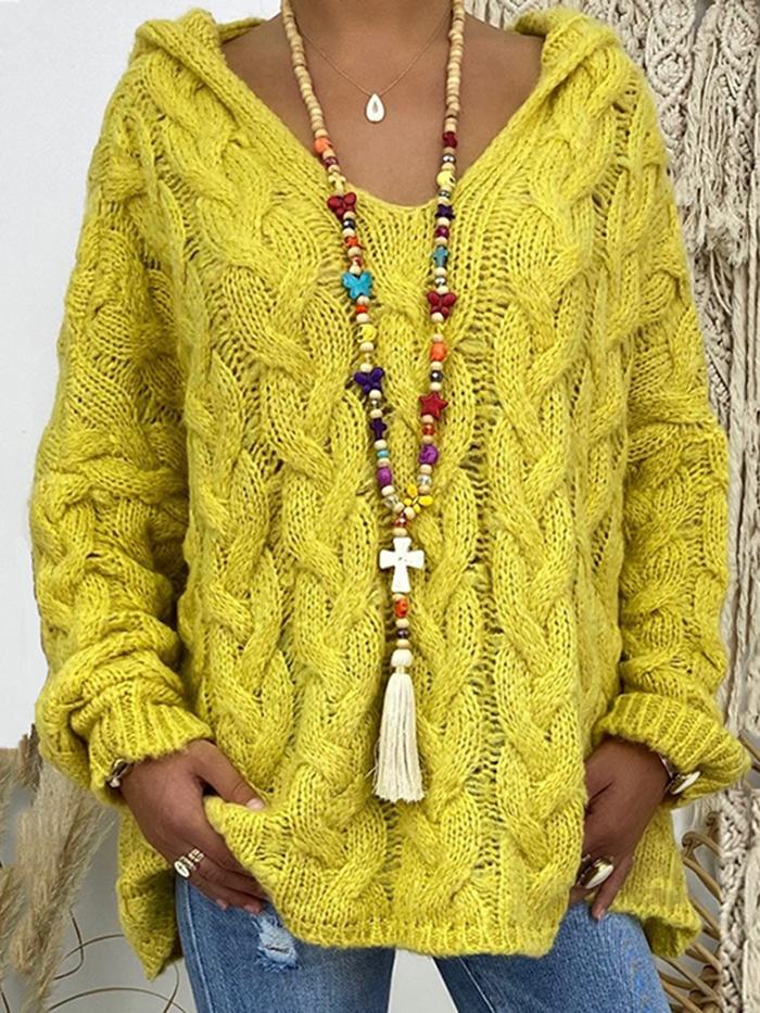 Pure Color Twist Knit Hooded Sweater