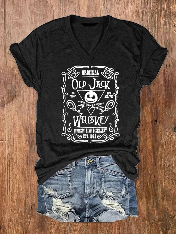 Women's Halloween Whisky Print V-Neck T-Shirt