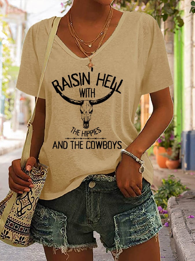 Women's Raisin Hell With The Hippies Print V-Neck Short Sleeve T-Shirt