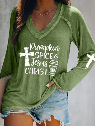 Women's Pumpkin Spice and Jesus Christ V-Neck T-Shirt