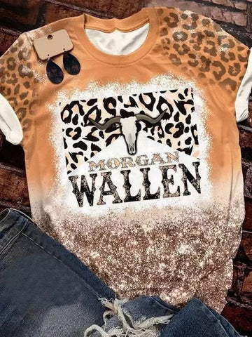 Women's Wallen Glitter Steer Skull Leopard Bleached Print T-Shirt