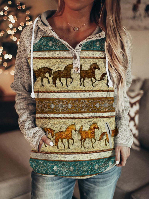Western Horses Rug Inspired Button Up Hoodie