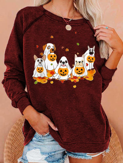 Women's Halloween Ghost Dog Print Casual Crewneck Sweatshirt