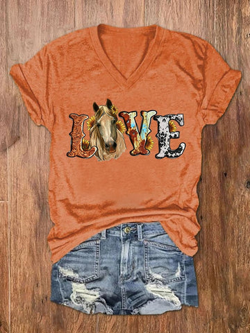 Women's Love Horse Print V-Neck T-Shirt