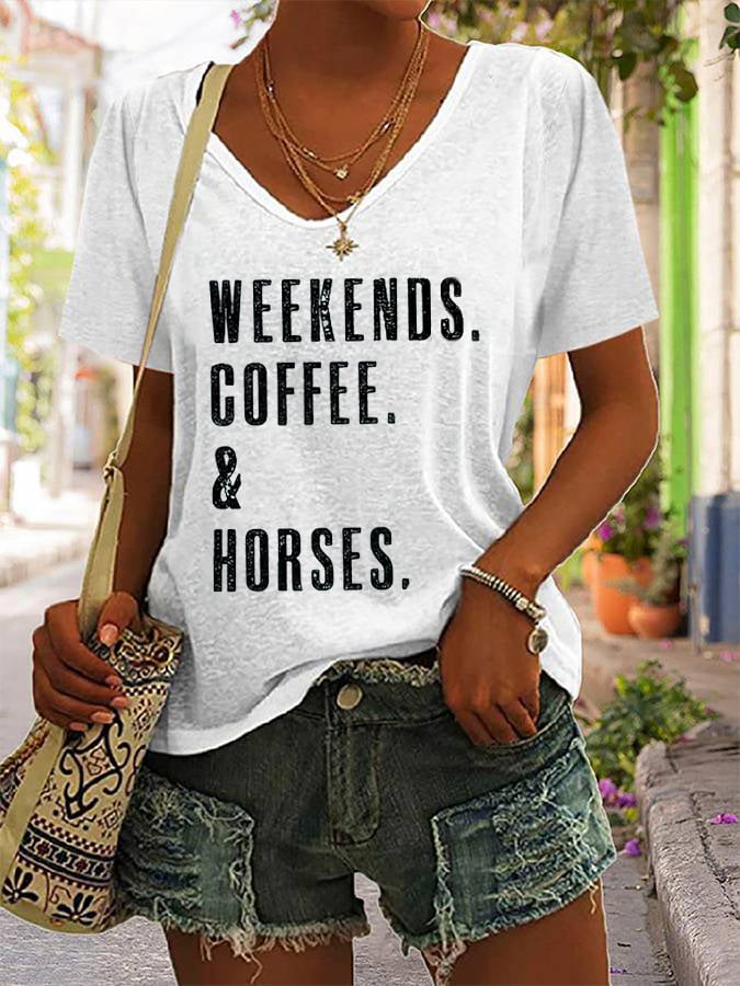 Women'sWestern Retro WEEKENDS. COFFEE. & Horses Horse Lover Printed Shirt