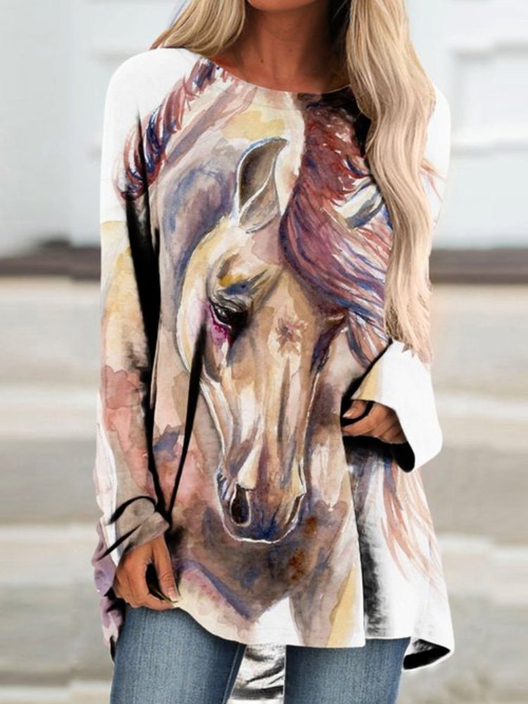 Horse Oil Painting Print Long Sleeve Tunic