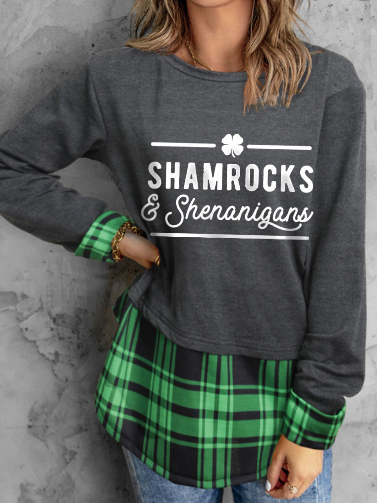 Women's Shamrocks And Shenanigans Plaid Stitching T-Shirt
