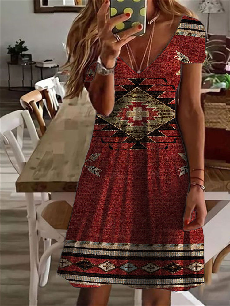Western Ethnic Aztec V Neck Midi Dress