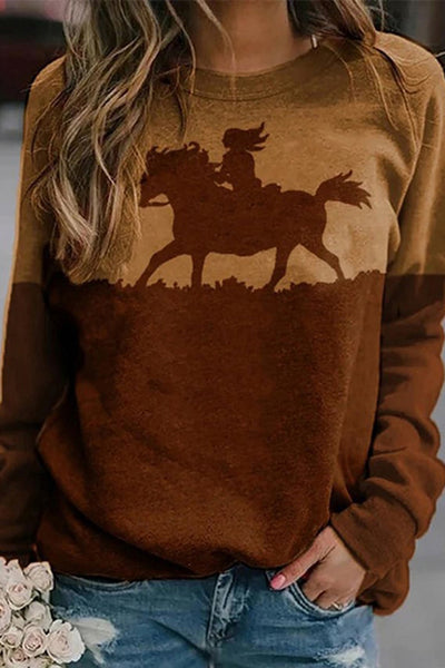 Western Print Crew Neck Long Sleeve Sweatshirt