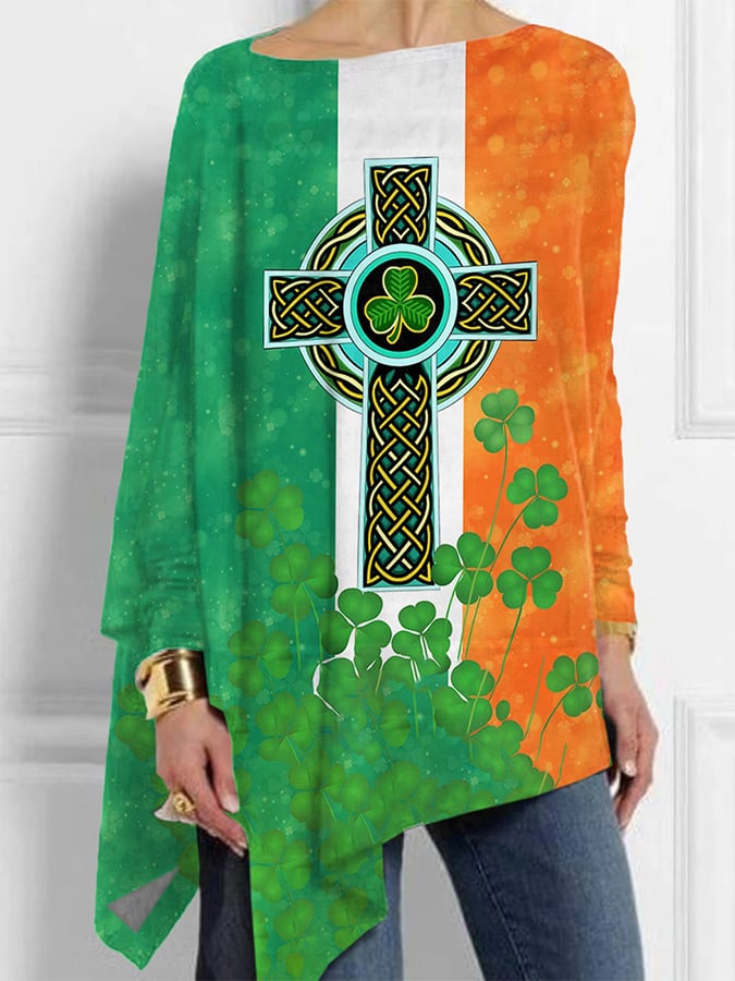 St. Patrick's Day Shamrocks Irish Celtic Knot Cross Print Irregular Tops