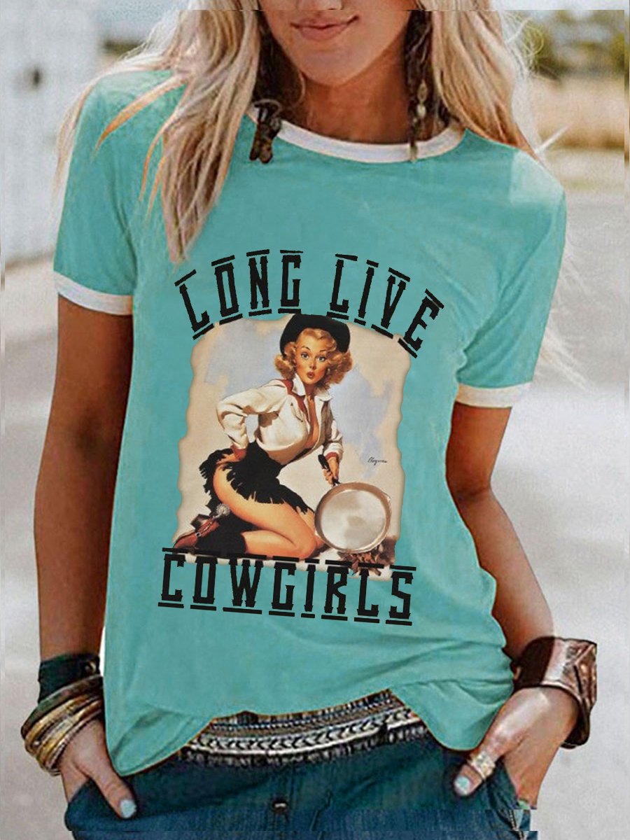 Women's Vintage Western Long Lives Cowgirls Modern Girl Print Top