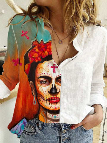 Women's Frida Khalo Cross Day of the Dead Print Cotton Linen Shirt