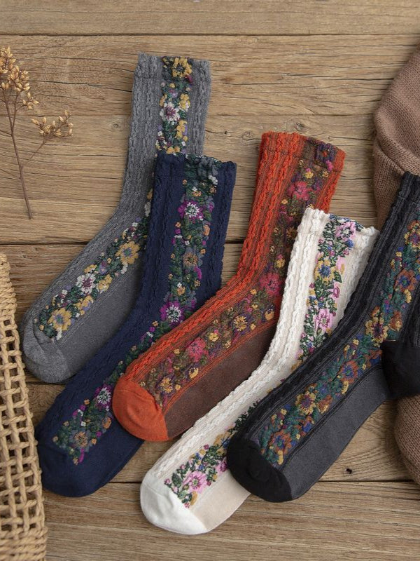Wisherryy Vintage Floral Jacquard Cozy Socks