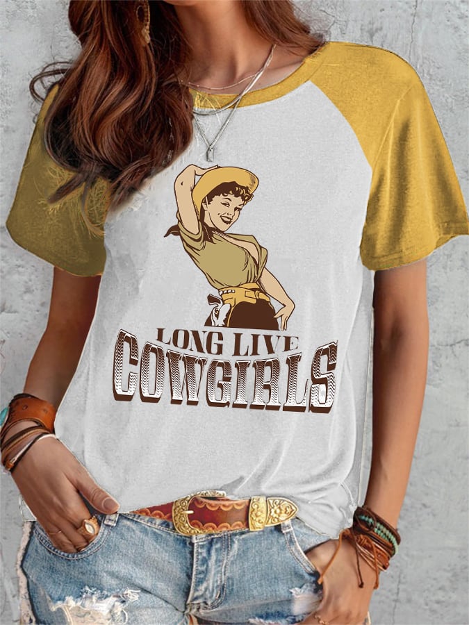 Women's Vintage Western Long Live Cowgirls Print T-Shirt