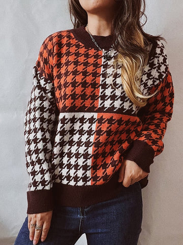 Women's Thousand Bird Check Color Contrast Stitched Round Neck Sweater