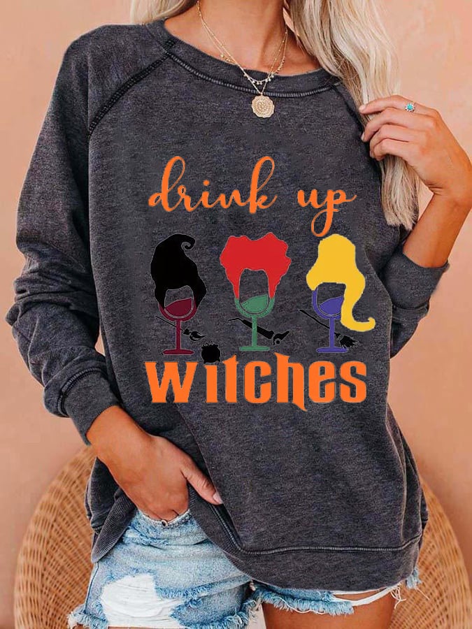 Women's Funny Halloween Drinks Up Witches Casual Sweatshirt