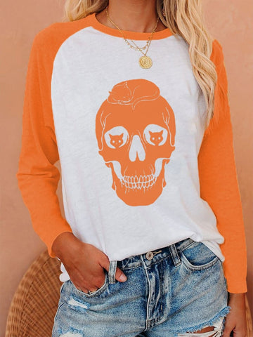 Women's Pumpkin Skeleton Cat Print Raglan Sleeve T-Shirt