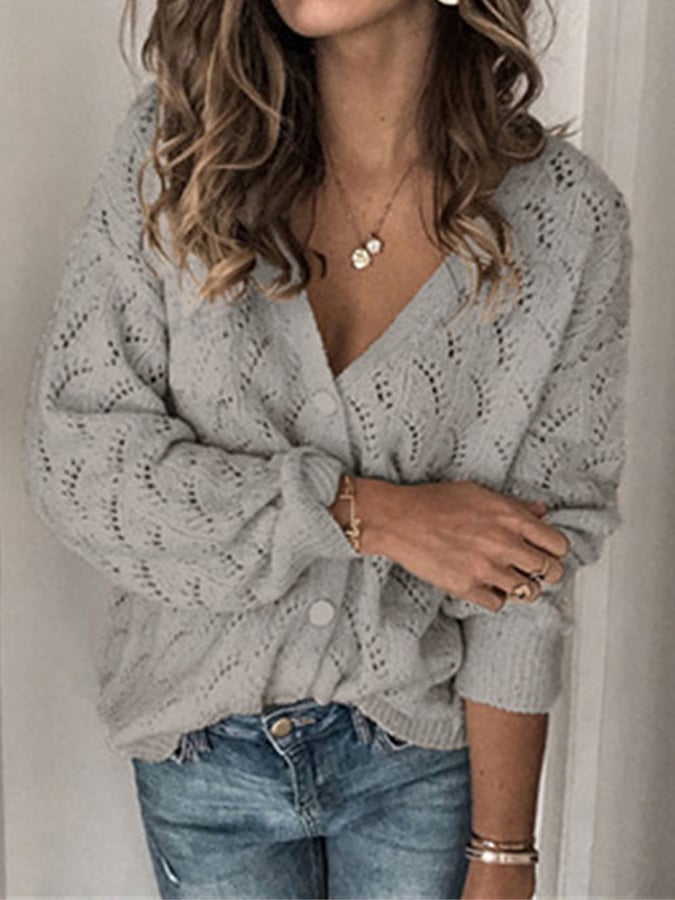 Women's Crochet Hollow V-Neck Breasted Sweater Cardigan