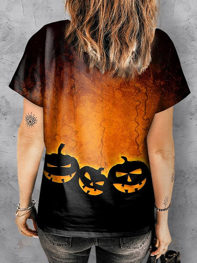Women's Halloween Pumpkin Print V-Neck T-Shirt