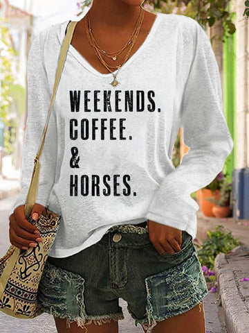 Women's Western Retro WEEKENDS. COFFEE. & Horses Horse Lover Casual Long-Sleeve T-Shirt
