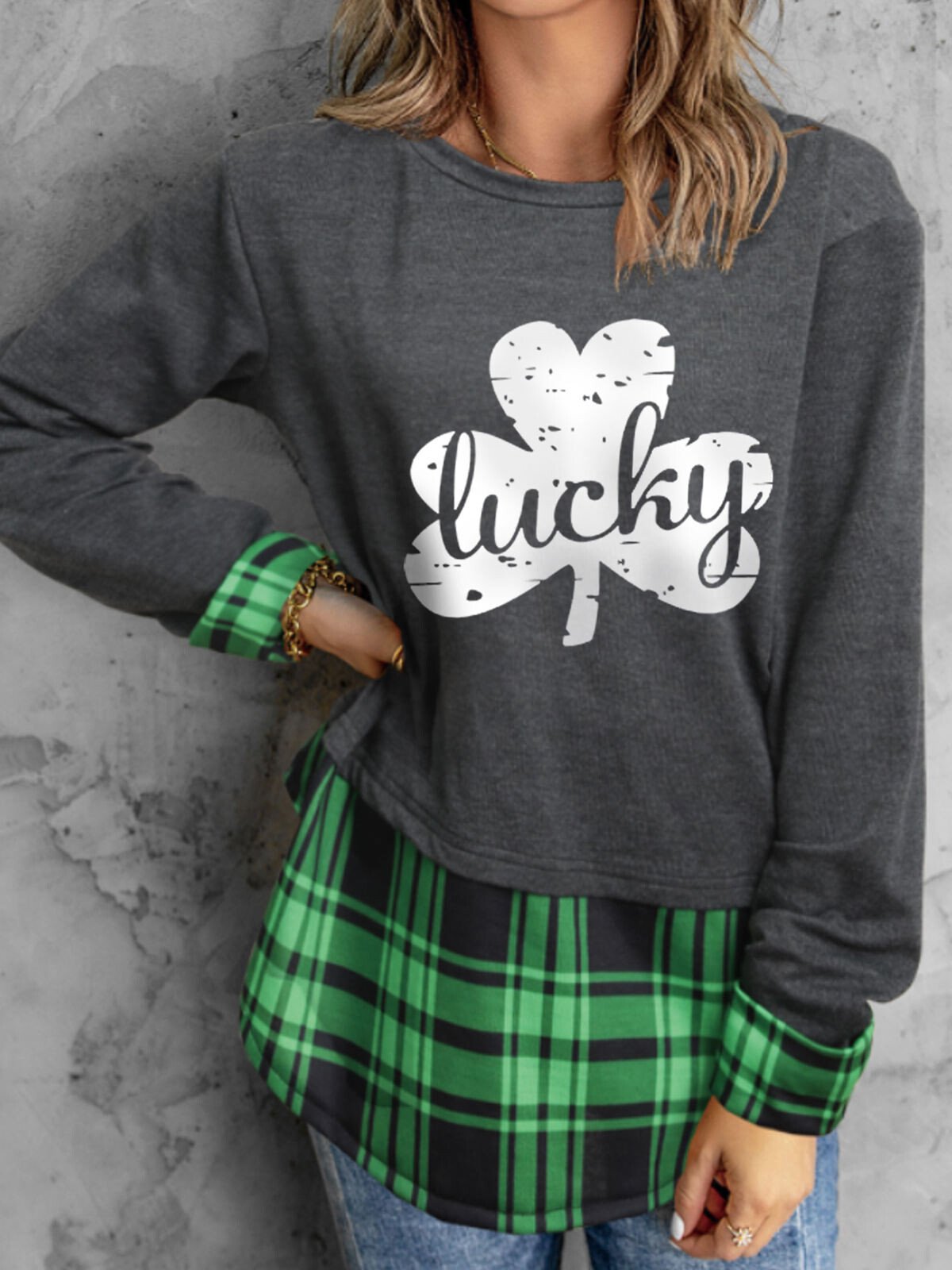 Women's Lucky Shamrocks Plaid Stitching T-Shirt